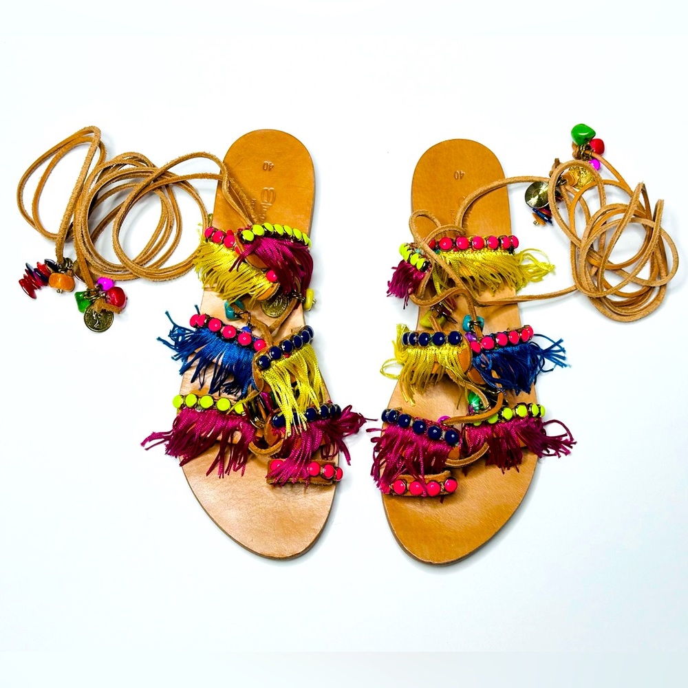 Elina Linardaki Greek Lace Up Gladiator Beaded Fringe Flat Sandal Shoe Size 10